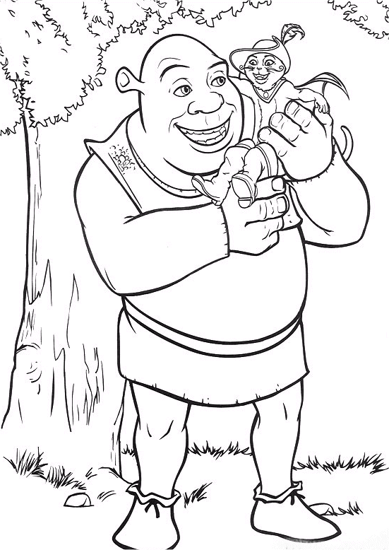 coloriage Shrek et le chat botte